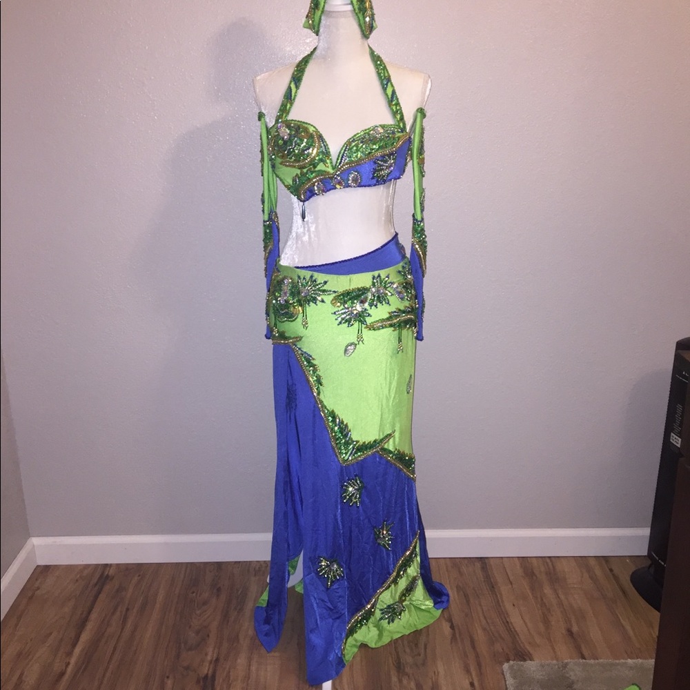9pc set professional belly dance blue & lime